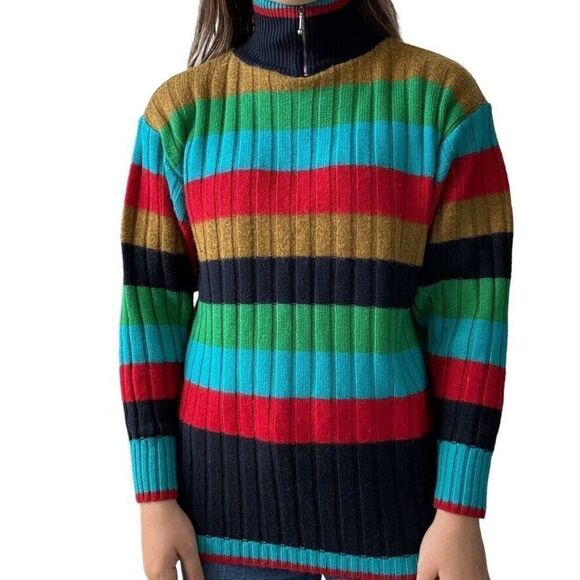 Vintage 1980s Mondi Rainbow Striped Wool Quarter Zip Ski Sweater West Germany - Picture 9 of 9